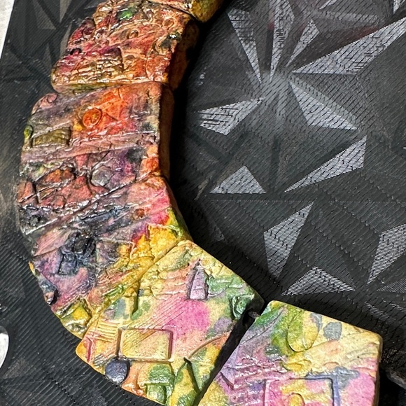 Artisan Handcrafted Multicolor Mosaic Tile Inspired Tribal Sculpted Necklace EUC - Picture 3 of 16